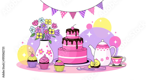 A vibrant and whimsical illustration of a pink themed tea party with cake and cupcakes