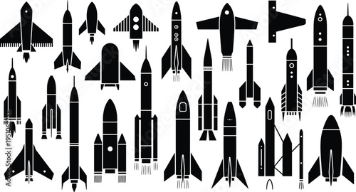 Rocket and spacecraft silhouettes collection, launch vehicle icons and shuttle shapes, vintage and modern rocket set, space exploration vector elements for designers