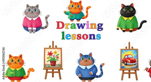 Cute cartoon cats in colorful outfits providing drawing lessons