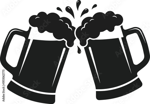 Minimalist Black Silhouette Vector Illustration of Two Frothy Beer Mugs Clinking in a Toast of Celebration, Friendship, and Camaraderie on a Plain White Background