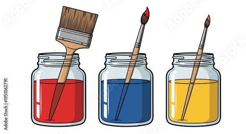 Colorful paint jars with brushes inside.