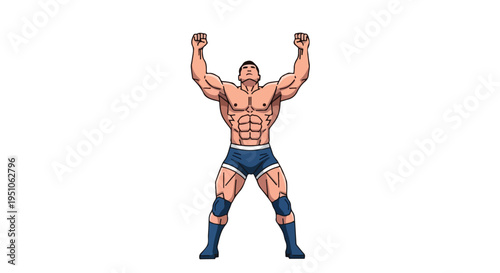 A muscular cartoon man in blue wrestling gear stands triumphantly with arms raised in a powerful pose against a clean white background.