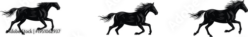 Running horse silhouette set illustration, black galloping horse figures in motion, wild animal speed movement symbol isolated vector collection