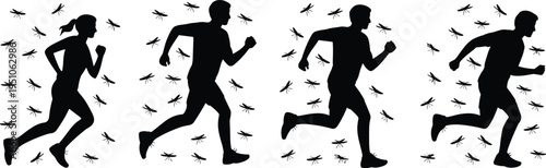 Running people chased by mosquitoes silhouette, male and female runners escaping insect swarm, funny summer pest problem vector illustration for outdoor activity concept