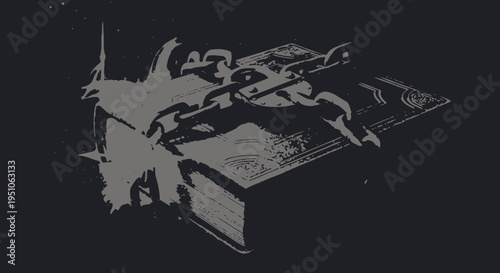 gray illustration of a mythological creature on a book