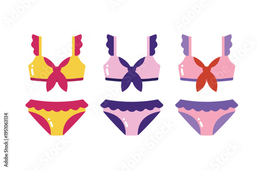 Colorful Ruffle Bikini Set for Girls, Cute Summer Swimwear Fashion Illustration