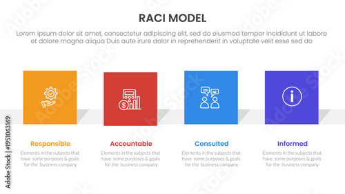 RACI model infographic 4 point stage template with pyramid shape vertical for slide presentation