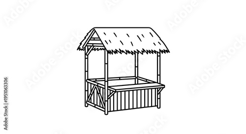 Hand-drawn illustration of a rustic bamboo market stall with thatched roof