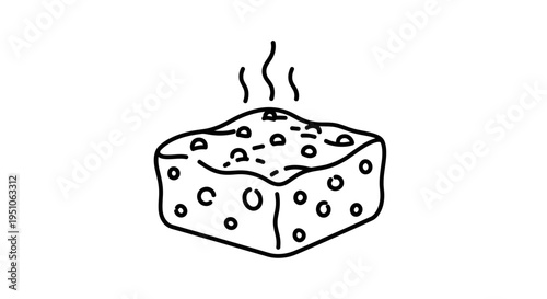 Hand-drawn illustration of a steaming brownie with chocolate chips, isolated on white