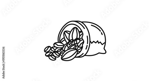 Hand-drawn illustration of cocoa beans spilling from a bag, representing organic food and natural ingredients.