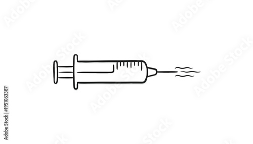 Hand-drawn syringe icon with liquid squirting from needle, medical symbol