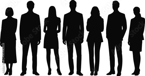 Professional group of business people silhouettes featuring diverse men and women in formal corporate office attire standing together for successful team leadership and management concept