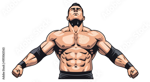 Comic-style illustration of a muscular man with a beard standing confidently with arms outstretched against a white background.