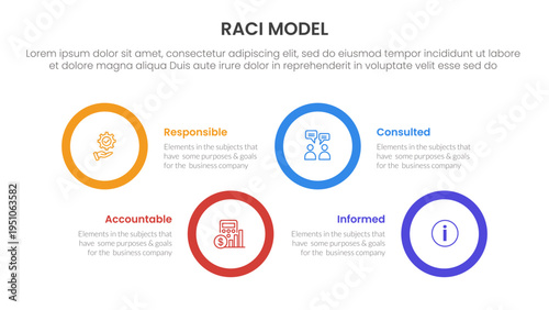 RACI model infographic 4 point stage template with big circle shape horizontal ups and down for slide presentation