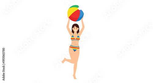 Vector illustration of woman in bikini holding colorful beach ball