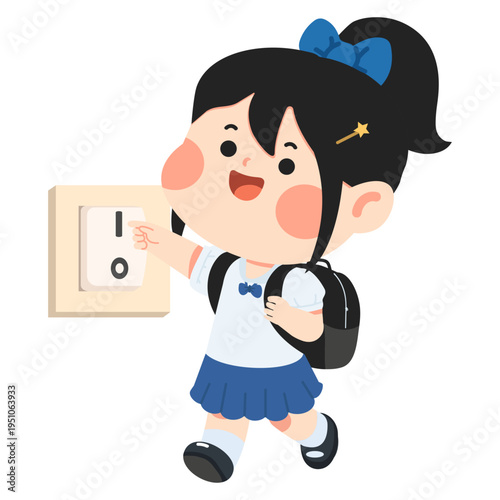 Girl Turning Off Light Switch Energy Saving