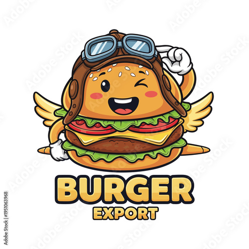 Cute cartoon hamburger character wearing a pilot hat and goggles with wings winking