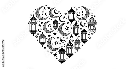 heart shaped ramadan lanterns and moons