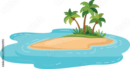 Tropical island with palm trees vector illustration, small sandy island surrounded by blue ocean water, summer travel vacation paradise landscape