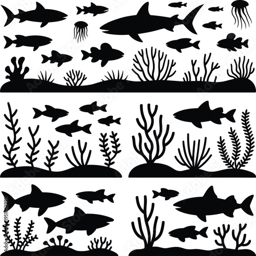 Underwater ocean life silhouette set with sharks, fishes, jellyfish and coral reefs, marine wildlife and sea plants vector illustration isolated on white background