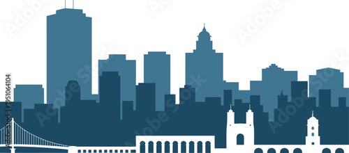 Urban city skyline vector illustration with bridge and historic buildings, modern metropolitan architecture silhouette, downtown cityscape landscape design