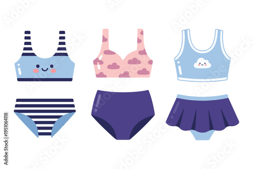 Cute Girls Bikini and Swimsuit Set with Stripes and Cloud Patterns, Summer Beachwear