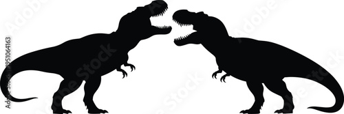 Two Tyrannosaurus Rex Dinosaur Silhouette Facing Each Other Roaring in Battle, Prehistoric Predator Vector Illustration Isolated on White for Logo, Tattoo, Wildlife, Jurassic Theme Design