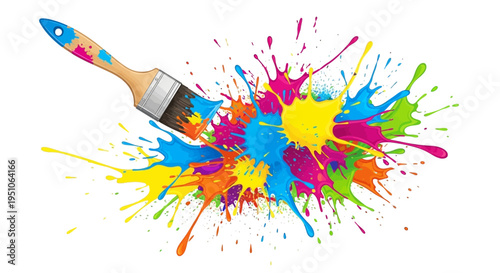 Colorful paintbrush with vibrant paint splashes.