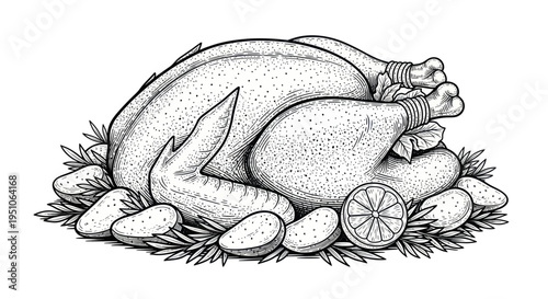 Hand-Drawn Roasted Chicken with Potatoes and Lemon, Black and White Illustration