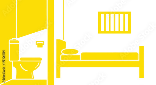 Minimalist Jail Cell Interior with Bed and Toilet, Yellow and White