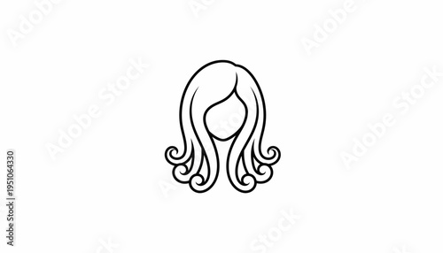 Elegant Woman's Hairstyle, Wavy Hair, Black and White Line Art Icon
