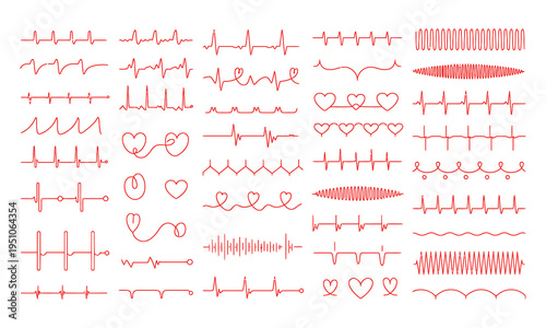 Numerous red electrocardiogram lines showing heartbeat rhythms and decorative heart shapes on a white background