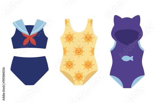 Cute Themed Girls Swimsuit Collection, Sailor Style and Sun Pattern Swimwear Clipart