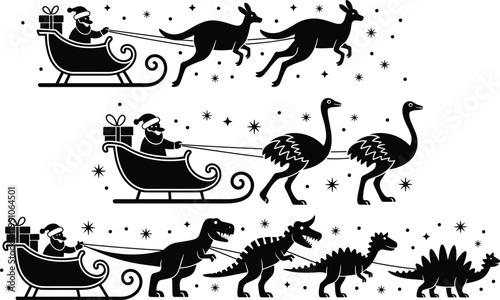 Santa sleigh animals silhouette set, kangaroo ostrich dinosaur pulling Santa sleigh, funny Christmas vector illustration, holiday cartoon design