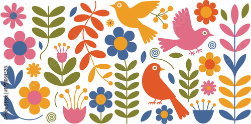 Scandinavian folk art birds and flowers vector collection, colorful floral elements, nordic style nature illustration, decorative botanical design set