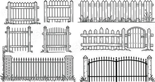 Wooden and metal fence collection, garden picket fence set, backyard barrier and gate designs, rustic farm fencing vector illustration isolated on white