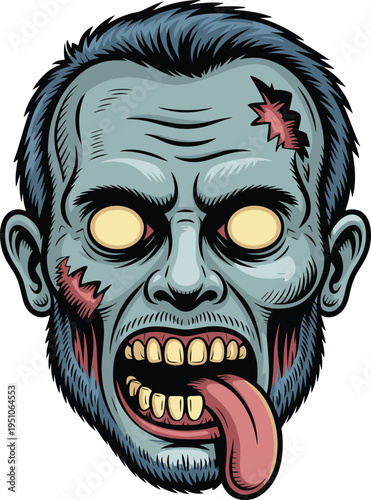 Zombie head horror illustration, scary undead monster face with wounds and glowing eyes, Halloween creepy character design isolated vector
