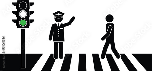 traffic, police, pedestrian, crossing, signal, road, safety, control, officer, street, crosswalk, transportation, regulation, walking, symbol, sign, stop, guide, illustration, icon