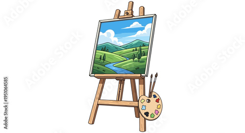 Easel with painting and paintbrushes.
