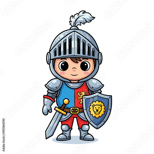 Cute cartoon knight character wearing armor and holding a sword and shield