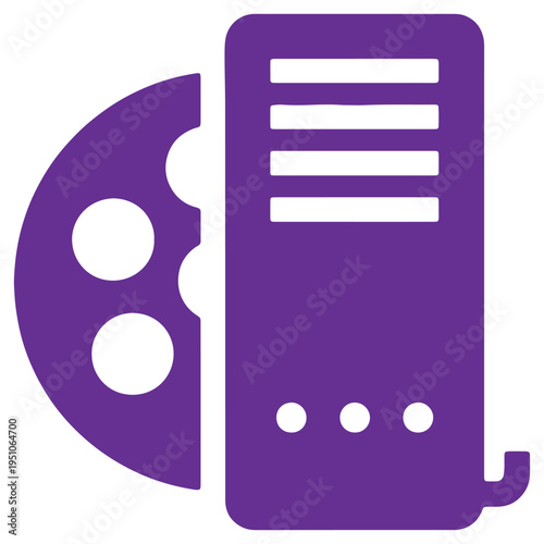 Abstract representation of a film reel next to a stack of documents or papers with lines indicating text or data symbolizing information storage or media archives isolated on transparent background