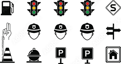 traffic, road, signs, icons, transportation, signal, parking, police, direction, safety, navigation, symbol, highway, warning, control, illustration, set, vehicle, street, guide