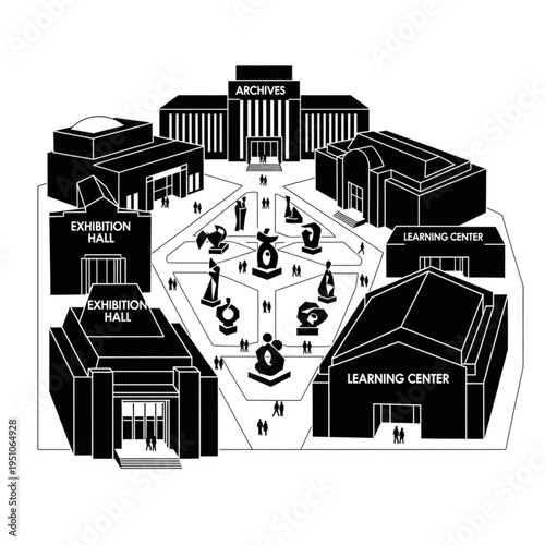 Architectural layout of a museum complex with various halls and archives.