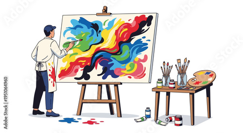 Man painting on large colorful canvas.