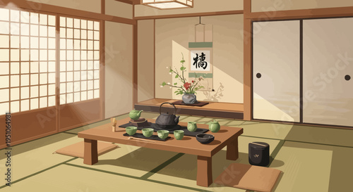 Traditional Japanese tatami room interior with low table and shoji screens
