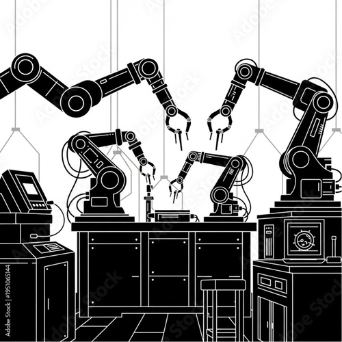 Automated Assembly Line - Robotic Arms in Manufacturing Process.