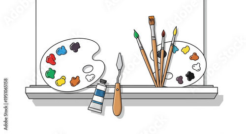 Paint brushes and palette on shelf.