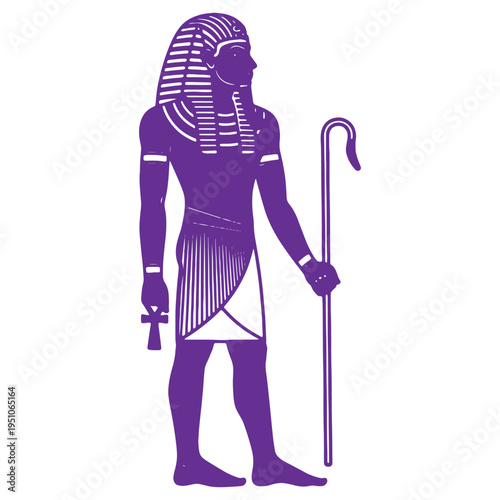 Ancient Egyptian pharaoh figure depicted in profile holding a crook and flail scepter wearing a nemes headdress and kilt isolated on a white background symbolizing royalty and power
