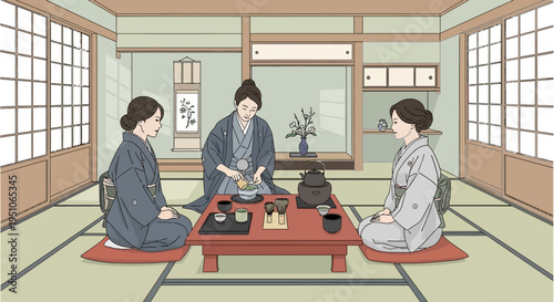 Traditional Japanese tea ceremony with three people in a tatami room
