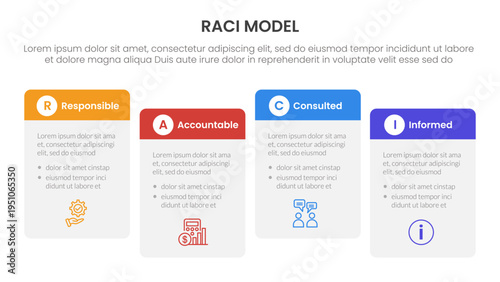 RACI model infographic 4 point stage template with round box table right direction ups and down for slide presentation